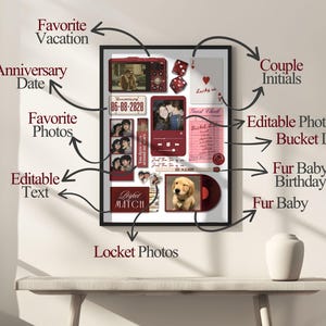 May include: A framed collage with various burgundy-colored elements. It includes photos, text, and graphics, such as a photo of a couple, dice, and a playing card. The text includes "Favorite Vacation," "Anniversary Date," and "Fur Baby."