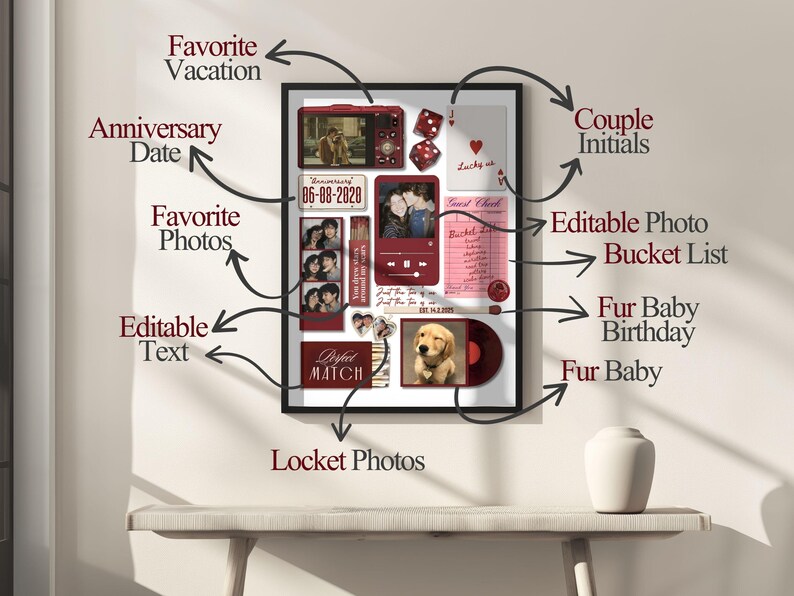 May include: A framed collage with various burgundy-colored elements. It includes photos, text, and graphics, such as a photo of a couple, dice, and a playing card. The text includes "Favorite Vacation," "Anniversary Date," and "Fur Baby."