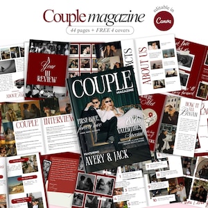 May include: A collection of magazine pages with a burgundy and white color scheme. The cover of the magazine features a couple in sunglasses. The magazine is titled "Couple magazine" and includes the text "44 pages + FREE 4 covers".