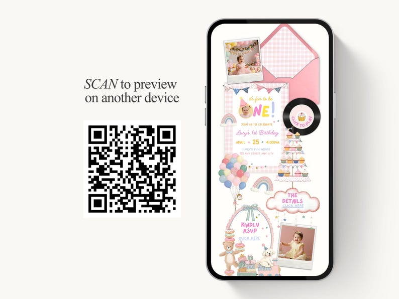 Puede incluir: Una pantalla de tel&eacute;fono inteligente muestra un dise&ntilde;o de invitaci&oacute;n de cumplea&ntilde;os. El dise&ntilde;o incluye una foto, un sobre rosa, una tarta con cupcakes y el texto "It's fun to be ONE!" y "Kindly RSVP". Tambi&eacute;n es visible un c&oacute;digo QR.