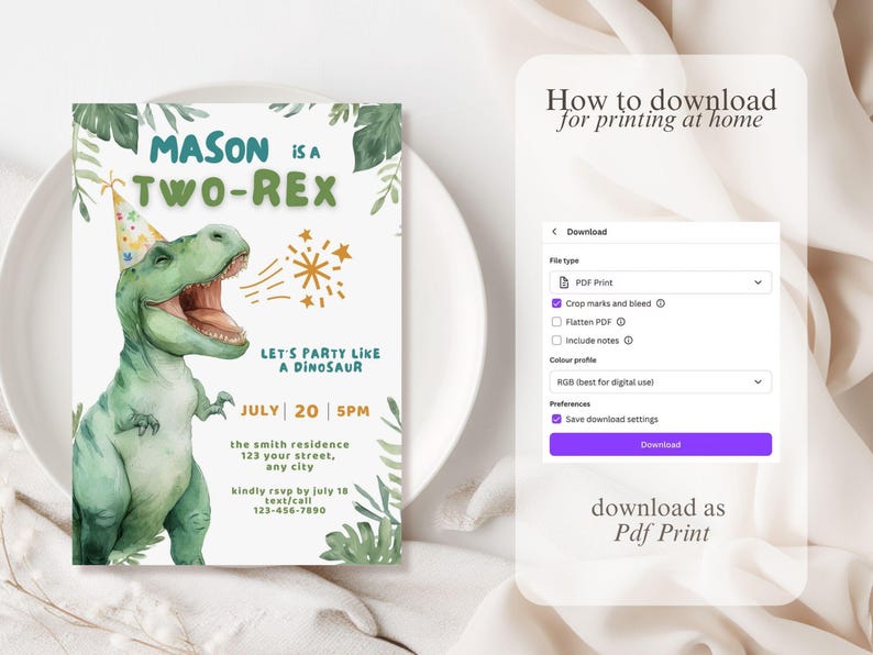 May include: A printable birthday invitation with a watercolor illustration of a green dinosaur wearing a party hat. The invitation reads "MASON is a TWO-REX" and includes party details. The invitation is designed for a child's birthday party.