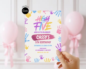Editable High Five Birthday Invitation Girls 5th Birthday Party Invite Kids Painting party Hi Five Invitation fifth birthday party invite
