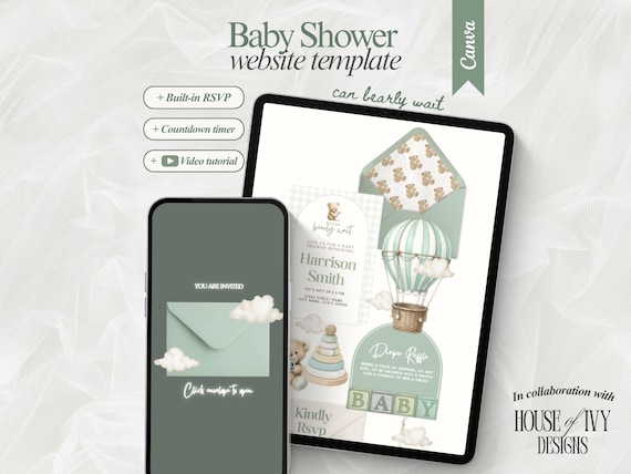 can bearly wait baby shower website invitation with RSVP editable canva website sage green baby shower party invite cute bear website invite