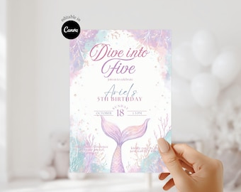May include: A mermaid-themed birthday invitation with the text "Dive into Five". The invitation features a watercolour design with a mermaid tail, coral, and the date of the party.