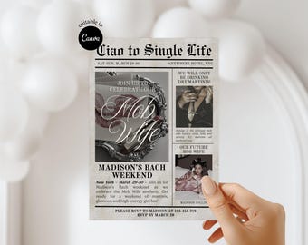 Invitación editable para despedida de soltera de mafiosos, plantilla de itinerario estético para despedida de soltera de mafiosos, periódico de mafiosos.
