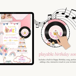 Puede incluir: Invitaci&oacute;n de cumplea&ntilde;os digital en una tableta con un tema rosa y blanco. Presenta una foto, el texto "ONE!", una torre de cupcakes, globos y un icono de canci&oacute;n reproducible. Incluye el texto "Lucy's 1st Birthday".
