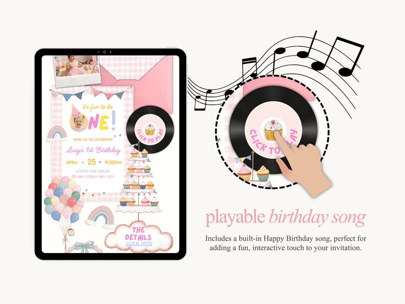 Puede incluir: Invitaci&oacute;n de cumplea&ntilde;os digital en una tableta con un tema rosa y blanco. Presenta una foto, el texto "ONE!", una torre de cupcakes, globos y un icono de canci&oacute;n reproducible. Incluye el texto "Lucy's 1st Birthday".