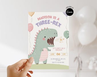 convite de aniversário de três rex convite de dinossauro para impressão convite de dinossauro pastel convite de dinossauro editável convite de dinossauro de 3º aniversário convite de dinossauro para meninas