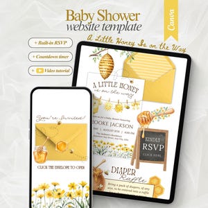 May include: A digital baby shower website template displayed on a tablet and smartphone. The design features yellow honey-themed illustrations, including a beehive, honey dipper, and sunflowers. Text includes A Little Honey Is on the Way, You're Invited, Kindly RSVP, and Diaper Raffle.
