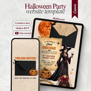 May include: A digital Halloween party website template displayed on a tablet and smartphone. The design features a witch in a black dress, a full moon, pumpkins, and an envelope. Text includes "Halloween Party website template," "YOU ARE INVITED," and "COSTUME AND COCKTAILS."