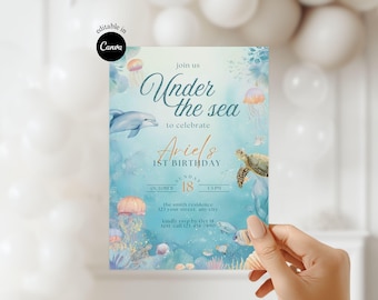Cute Blue Under the Sea Birthday Invite Watercolor Sea Turtle Birthday Editable Ocean Animals Birthday Party Invitation Pastel Sea Animals