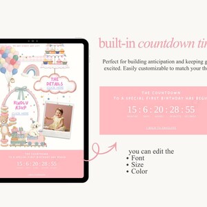 Puede incluir: Invitaci&oacute;n digital para un primer cumplea&ntilde;os, mostrada en una tableta. El dise&ntilde;o rosa y pastel incluye un temporizador de cuenta regresiva, osos de peluche, globos y el texto "Kindly RSVP".