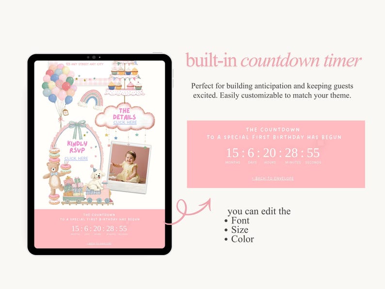Puede incluir: Invitaci&oacute;n digital para un primer cumplea&ntilde;os, mostrada en una tableta. El dise&ntilde;o rosa y pastel incluye un temporizador de cuenta regresiva, osos de peluche, globos y el texto "Kindly RSVP".