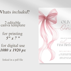 Peut inclure: Une invitation num&eacute;rique avec un n&oelig;ud et des rubans roses &agrave; l'aquarelle. L'invitation indique "Olivia a un an" et comprend les d&eacute;tails de l'&eacute;v&eacute;nement. Le mod&egrave;le est de 12,7 cm x 17,8 cm pour l'impression.
