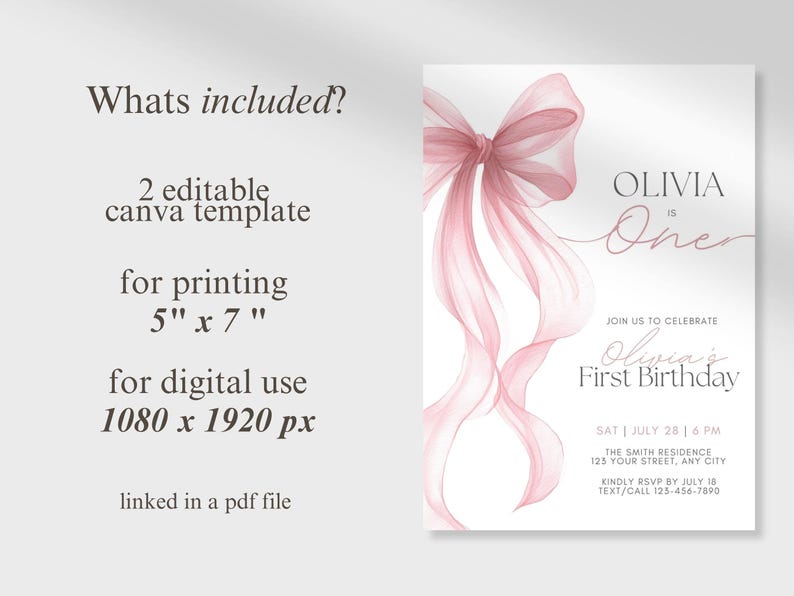 Peut inclure: Une invitation num&eacute;rique avec un n&oelig;ud et des rubans roses &agrave; l'aquarelle. L'invitation indique "Olivia a un an" et comprend les d&eacute;tails de l'&eacute;v&eacute;nement. Le mod&egrave;le est de 12,7 cm x 17,8 cm pour l'impression.