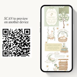 Pu&ograve; includere: Uno smartphone mostra un design di invito per un baby shower a tema campestre. Il design presenta illustrazioni di oche, margherite e un albero, con il testo "SCAN to preview on another device."