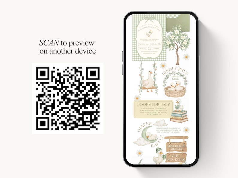 Pu&ograve; includere: Uno smartphone mostra un design di invito per un baby shower a tema campestre. Il design presenta illustrazioni di oche, margherite e un albero, con il testo "SCAN to preview on another device."
