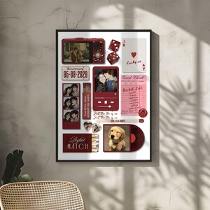 May include: A framed collage featuring various burgundy-colored elements. These include photos, a vintage-style camera, dice, playing cards, and a vinyl record. Text elements include "Anniversary 06-08-2020", "Lucky us", and "Perfect Match".