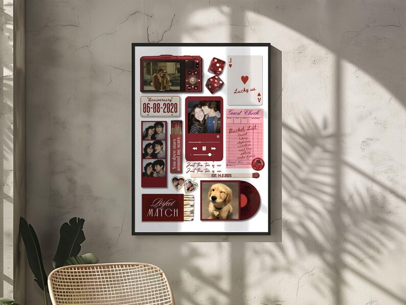 May include: A framed collage featuring various burgundy-colored elements. These include photos, a vintage-style camera, dice, playing cards, and a vinyl record. Text elements include "Anniversary 06-08-2020", "Lucky us", and "Perfect Match".