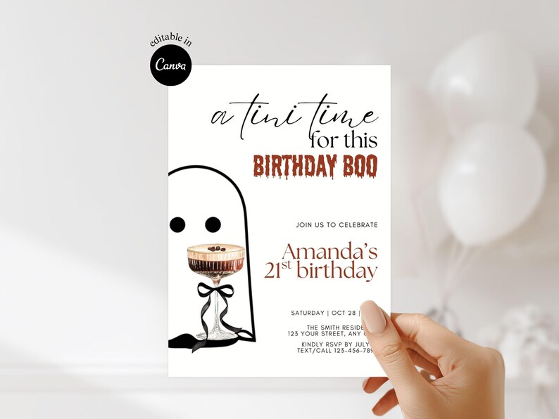 Editable Birthday Boo Invitation Halloween Martini Party Invite Ghost ...