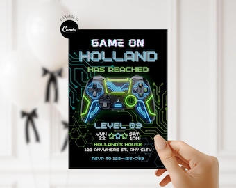 Editable Video Game Birthday Party Invitation Printable Gamer Birthday Invite Level Up Birthday Invite Neon Gamer Boy Birthday DIY Template