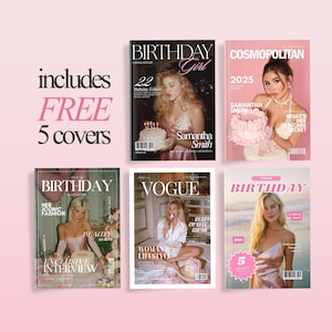 May include: A collection of magazine covers with a pink background. The magazines include "Birthday Girl", "Cosmopolitan", and "Vogue". The text "includes FREE 5 covers" is also visible.