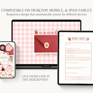 Puede incluir: Un dise&ntilde;o de invitaci&oacute;n digital que se muestra en una computadora port&aacute;til, una tableta y un tel&eacute;fono inteligente. El dise&ntilde;o presenta un sobre rojo con un sello de fresa, un fondo de cuadros rosas y el texto "YOU ARE INVITED". El tel&eacute;fono inteligente muestra una invitaci&oacute;n a la fiesta "Berry First".