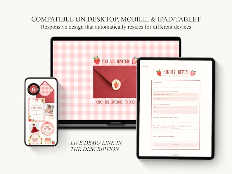 Puede incluir: Un dise&ntilde;o de invitaci&oacute;n digital que se muestra en una computadora port&aacute;til, una tableta y un tel&eacute;fono inteligente. El dise&ntilde;o presenta un sobre rojo con un sello de fresa, un fondo de cuadros rosas y el texto "YOU ARE INVITED". El tel&eacute;fono inteligente muestra una invitaci&oacute;n a la fiesta "Berry First".