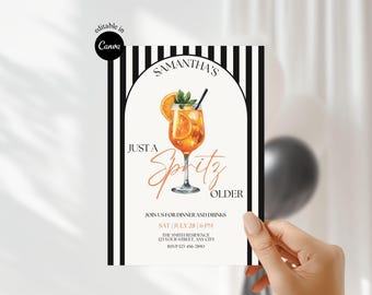 Invitación para fiesta de cumpleaños de adultos mayores con spritz, invitación para cumpleaños número 21, invitación para cumpleaños número 30, solo un spritz, fiesta de cóctel para adultos, invitación negra