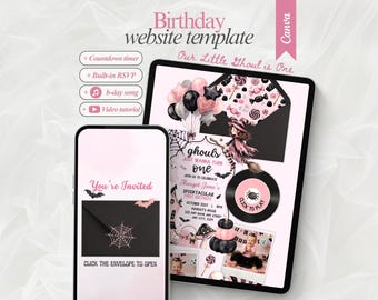 Invitación de Halloween rosa espeluznante: una invitación para la primera fiesta de cumpleaños de una niña fantasma espeluznante. Invitación editable para la primera fiesta de Halloween DIY.