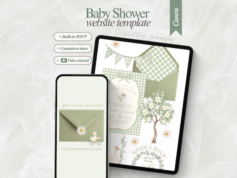 Pu&ograve; includere: Modello di sito web digitale per baby shower visualizzato su tablet e smartphone. Il design presenta uno schema di colori verde e bianco con illustrazioni di margherite e oche. Il testo include "Baby Shower website template".