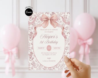 Editable Toile de Jouy Birthday Invitation Pink floral birthday invite Vintage Birthday Invitation for kids party Baby Girl birthday invite