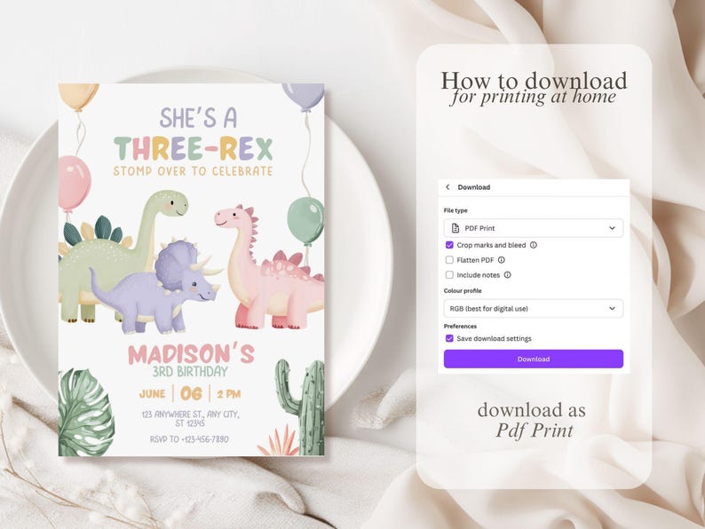 May include: A printable invitation for a third birthday party with a dinosaur theme. The invitation features three cartoon dinosaurs in pastel colors, balloons, and the text "She's a Three-Rex". Includes download instructions.