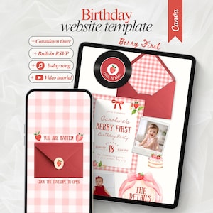 Könnte beinhalten: Digitales Geburtstag-Website-Template, angezeigt auf einem Tablet und Smartphone. Das Design zeigt ein rot-weißes Vichy-Muster, Erdbeeren und den Text "Berry First". Enthält einen Countdown-Timer, RSVP, Geburtstagslied und Video-Tutorial.