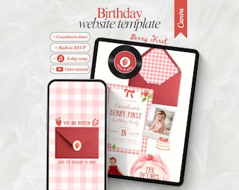 berry eerste verjaardag website-uitnodiging aardbeienfeest digitale uitnodiging berry first canva websitesjabloon met bewerkbare uitnodiging