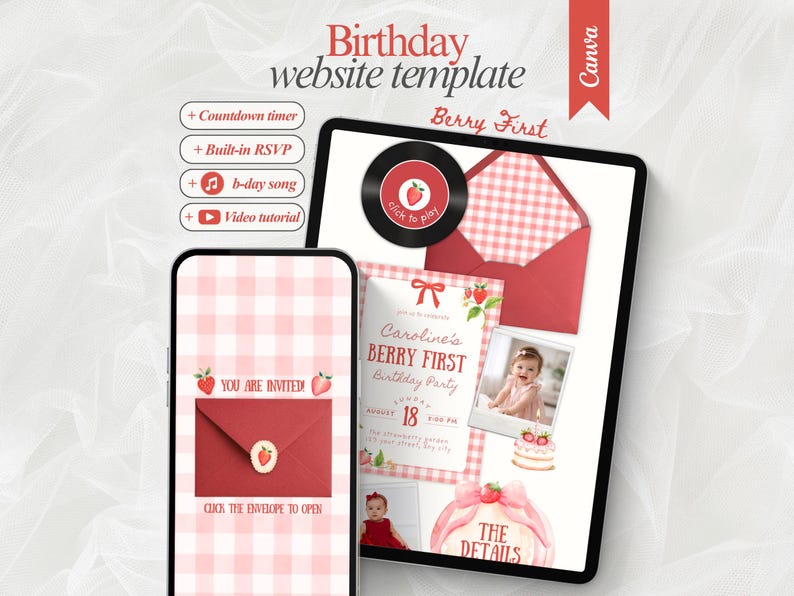 Puede incluir: Plantilla de sitio web de cumplea&ntilde;os digital que se muestra en una tableta y un tel&eacute;fono inteligente. El dise&ntilde;o presenta un patr&oacute;n de cuadros rojos y blancos, fresas y el texto "Berry First". Incluye un temporizador de cuenta regresiva, RSVP, canci&oacute;n de cumplea&ntilde;os y tutorial en v&iacute;deo.