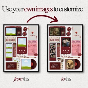 May include: A framed collage with a burgundy and white theme, featuring a digital camera, dice, a playing card, and a music player. The text "Use your own images to customize" and "Perfect Match" are visible. The date "06-08-2020" is also displayed.