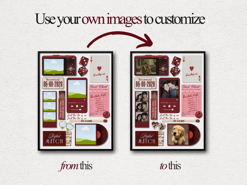 May include: A framed collage with a burgundy and white theme, featuring a digital camera, dice, a playing card, and a music player. The text "Use your own images to customize" and "Perfect Match" are visible. The date "06-08-2020" is also displayed.