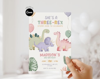 May include: A pastel-colored birthday invitation with dinosaur illustrations. The text reads "SHE'S A THREE-REX STOMP OVER TO CELEBRATE" and includes details for Madison's 3rd birthday. The design features balloons and cactus illustrations.