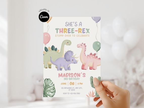 she's a three rex pastel Invitation 3rd girl birthday trex party theme editable dinosaur invite girl birthday dinosaur pastel invite edit