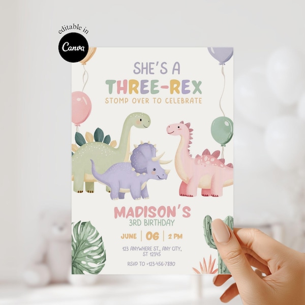 Ela é uma rex pastel. Convite de aniversário de 3 anos para menina com tema de festa de dinossauro T-Rex, editável. Convite de dinossauro pastel para aniversário de menina.