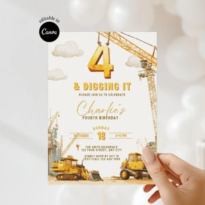 Invitación para fiesta temática de construcción de cuarto cumpleaños Digging It, camión en construcción, excavadora, excavadora, invitación editable para el cuarto cumpleaños de los niños
