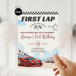 May include: A birthday invitation with a race car theme. The invitation reads "First Lap" and "Harrison's First Birthday". A red race car is featured at the bottom. The date is October 18, 2025.