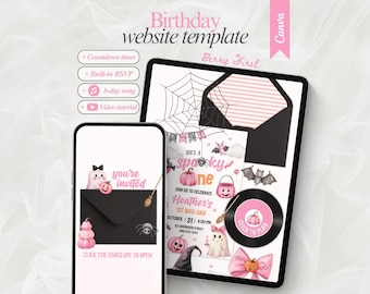 Invitación editable para fiesta de cumpleaños de Halloween con temática de fantasmas rosas y un lindo fantasma rosa para el primer cumpleaños. Invitación web con confirmación de asistencia.