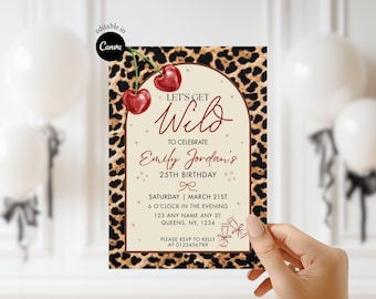 Invitación de cumpleaños DIY con estampado de leopardo "Let's Get Wild" Invitación para una noche de chicas con dinero antiguo Invitación de cumpleaños con estampado animal de guepardo y cerezas
