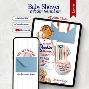 Editable A Little Rookie On The Way Baseball Baby Shower Website Template with RSVP A Little Slugger is on the Way Boy Baby shower invite
