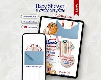 Plantilla editable para sitio web de baby shower de béisbol "Un pequeño novato en camino" con confirmación de asistencia. Invitación para baby shower de niño "Un pequeño bateador está en camino".