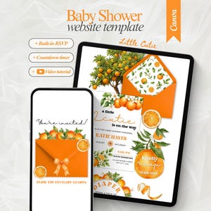 May include: A digital baby shower website template displayed on a smartphone and tablet screen. The design features orange fruit illustrations, green leaves, and white blossoms. Text includes Baby Shower website template, Little Cutie, and You're invited.