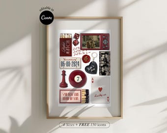 Arte de pared de aniversario editable, póster de caja de cerillas personalizable, arte de caja de cerillas DIY, regalo de recuerdo para pareja, regalo de cumpleaños de caja de cerillas con íconos gratuitos