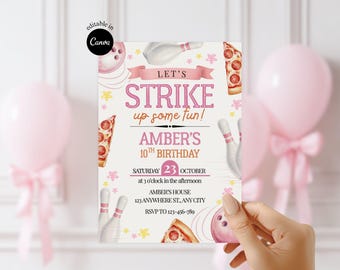 Editable Bowling Birthday Invitation Canva Template Printable Pink Bowling Invite Girl Birthday Let’s Strike Up Some Fun Girls Party Invite